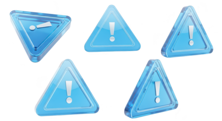 Set of blue transparent triangular warning signs on white indicating caution and potential danger; for web design apps or alerts