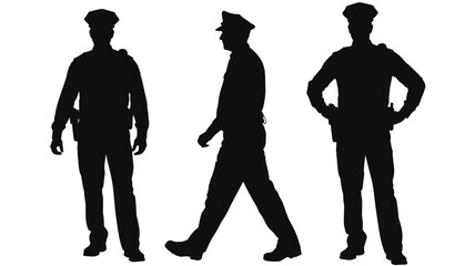 Three silhouettes of police officers in uniform posing in different stances on a white background