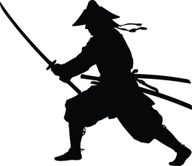 Silhouette of a samurai warrior in a fighting stance holding a katana on a white background image view