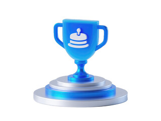 Innovative 3D Illustration: Trophy-Shaped Cake Icon on Circular Pedestal. Minimalist Business Concept for Success and Achievement. Blue Tech-Inspired Design on White Background. Perfect for Annual Rep