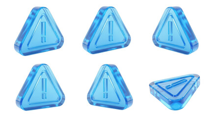 Six transparent blue warning triangles displaying alerts against a white background ready for use in UI/UX design or data visualization