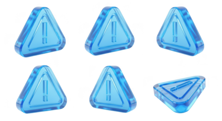 Six transparent blue warning triangles displaying alerts against a white background ready for use in UI/UX design or data visualization