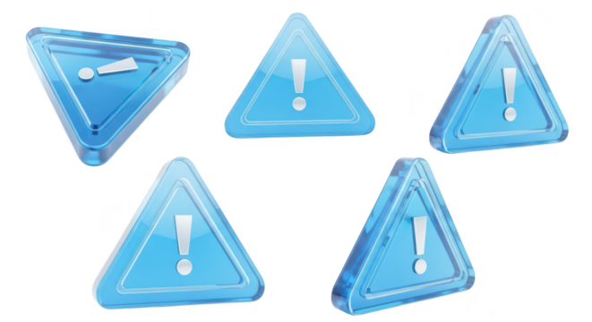 Set of blue transparent triangular warning signs on white indicating caution and potential danger; for web design apps or alerts