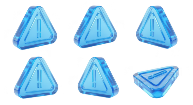 Six transparent blue warning triangles displaying alerts against a white background ready for use in UI/UX design or data visualization