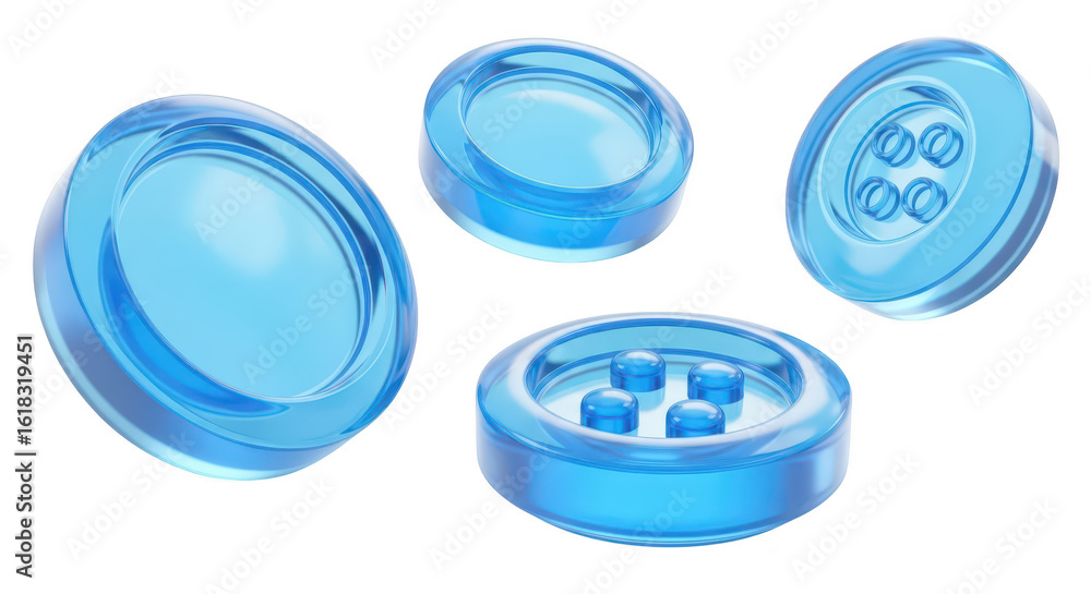 Fototapete four transparent blue button-like shapes are floating on a white background they appear 3d and gloss