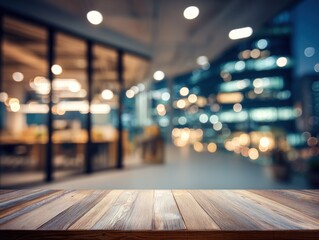 Wooden table top in front of a modern city office at night