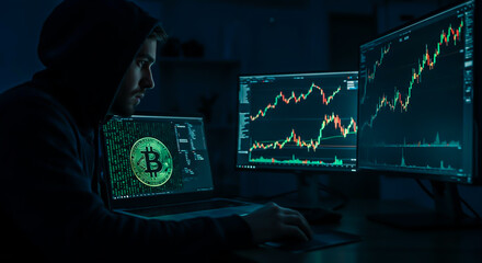 Man monitoring cryptocurrency trading in a dark room.
