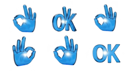 Blue translucent OK symbols and hands gesture signifying agreement or approval on a white background for positive messaging