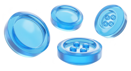 Four transparent blue button-like shapes are floating on a white background They appear 3D and glossy for use in graphic design or UI elements