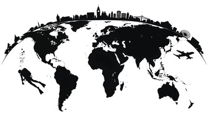 Black and white world map with city skyline and travel icons on the edge of the globe design concept silhouette