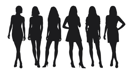 Silhouettes of six women in dresses and shorts against a white background in a studio setting