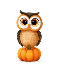 Fototapeta premium Whimsical Owl on Pumpkin: A charming illustration of an owl perched atop a vibrant orange pumpkin. This delightful scene evokes feelings of autumn and celebration. 
