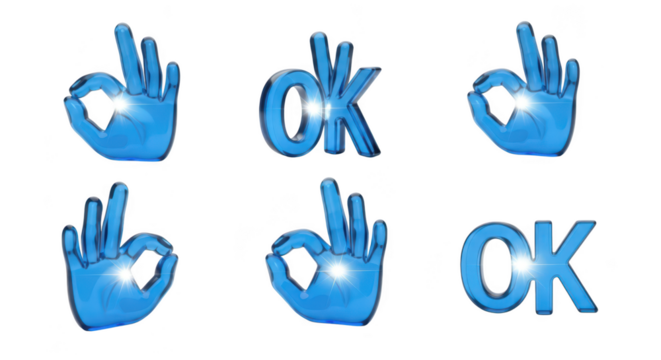 Blue translucent OK symbols and hands gesture signifying agreement or approval on a white background for positive messaging