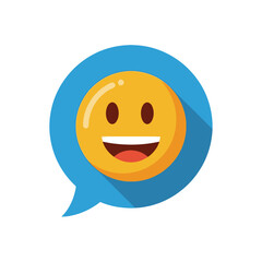 Happy yellow emoji with an open mouth smile inside a blue speech bubble, featuring a flat design style and a long shadow.