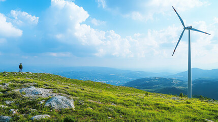 Wind Turbine on Green Hillside Overlooking Distant Cityscape Under Cloudy Blue Sky