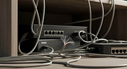 Digital chaos concept with a damaged ethernet cable symbolizing a network failure and connection breakdown among tangled wires.