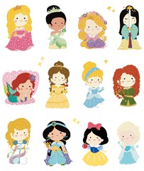 Cute little princess illustration elements - Cinderella, aurora, rapunzel, belle, snow white, elsa, ariel mermaid set objects. Wonderland