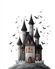 Obraz premium Spooky castle and flock of bats: A gothic castle stands silhouetted against a dusky sky, with a flock of bats swirling around it, evoking an atmosphere of mystery and the supernatural.