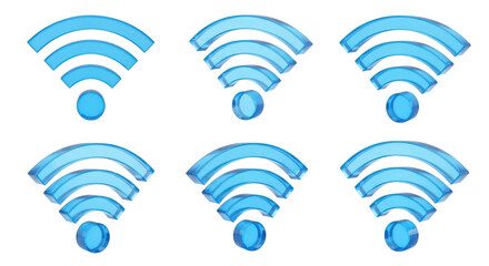 Six transparent blue WiFi icons emitting signals on white background illustrating connectivity and network strength for digital communications