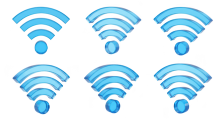 Six transparent blue WiFi icons emitting signals on white background illustrating connectivity and network strength for digital communications