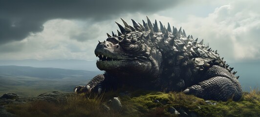 A haunted gothic Ankylosaurus perched on a wind-swept hill art, generative ai