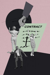 Pop banner collage of people happy move near document contract on pink background