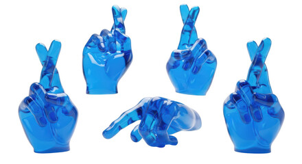3D rendered blue translucent hand gestures crossing fingers for good luck studio background used for wishes or optimism