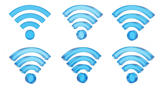 Six transparent blue WiFi icons emitting signals on white background illustrating connectivity and network strength for digital communications - Powered by Adobe