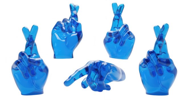 3D rendered blue translucent hand gestures crossing fingers for good luck studio background used for wishes or optimism