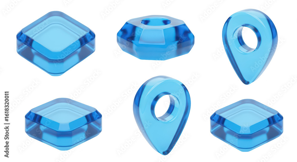 Poster transparent blue icons of location markers and geometric shapes displayed against a white background