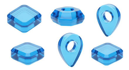 Transparent blue icons of location markers and geometric shapes displayed against a white background for digital interface design and mapping applications