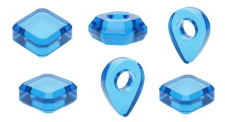 Transparent blue icons of location markers and geometric shapes displayed against a white background for digital interface design and mapping applications