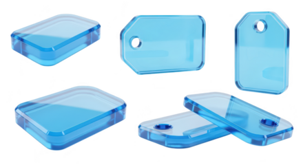 Transparent blue price tags scattered on a white background Conceptual design used for sales retail and marketing materials