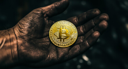 Hand holding a gold Bitcoin.