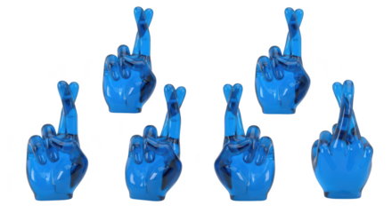 Group of translucent blue fingers with crossed fingers praying or wishing against a white background suitable for good luck or hope concepts