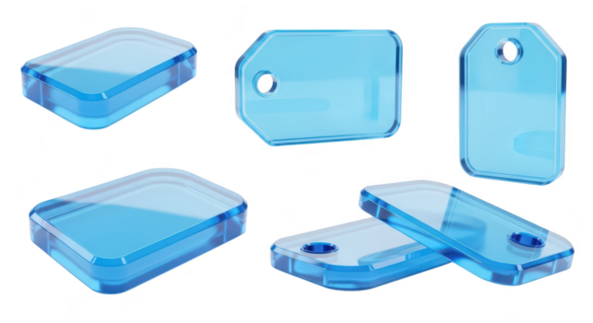 Transparent blue price tags scattered on a white background Conceptual design used for sales retail and marketing materials