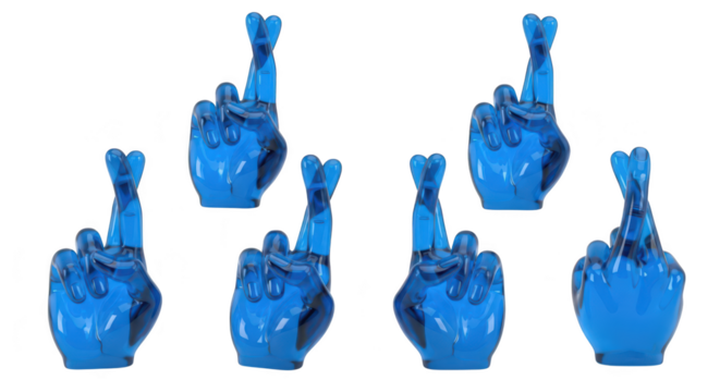 Group of translucent blue fingers with crossed fingers praying or wishing against a white background suitable for good luck or hope concepts