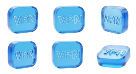 Set of 3D blue VPN icons showcasing various angles on a white background suitable for digital security privacy and internet access designs