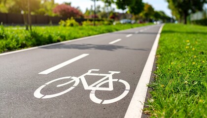 Obraz premium Realistic empty bicycle lane with clear white markings painted on smooth dark asphalt, captured in bright natural daylight. The scene shows clean pavement texture with vivid contrast, subtle shadows, 