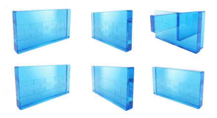 Blue glass brick walls in different perspectives showcasing construction isolated on white useful for design & architecture