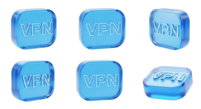 Set of 3D blue VPN icons showcasing various angles on a white background suitable for digital security privacy and internet access designs
