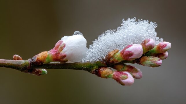 A branch with snow on it and a flower