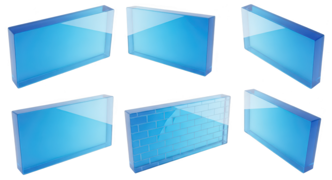 Blue glass blocks isolated on white showing different perspectives and one revealing a brick wall inside used for design or concept art
