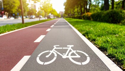 Realistic empty bicycle lane with clear white markings painted on smooth dark asphalt, captured in bright natural daylight. The scene shows clean pavement texture with vivid contrast, subtle shadows, 