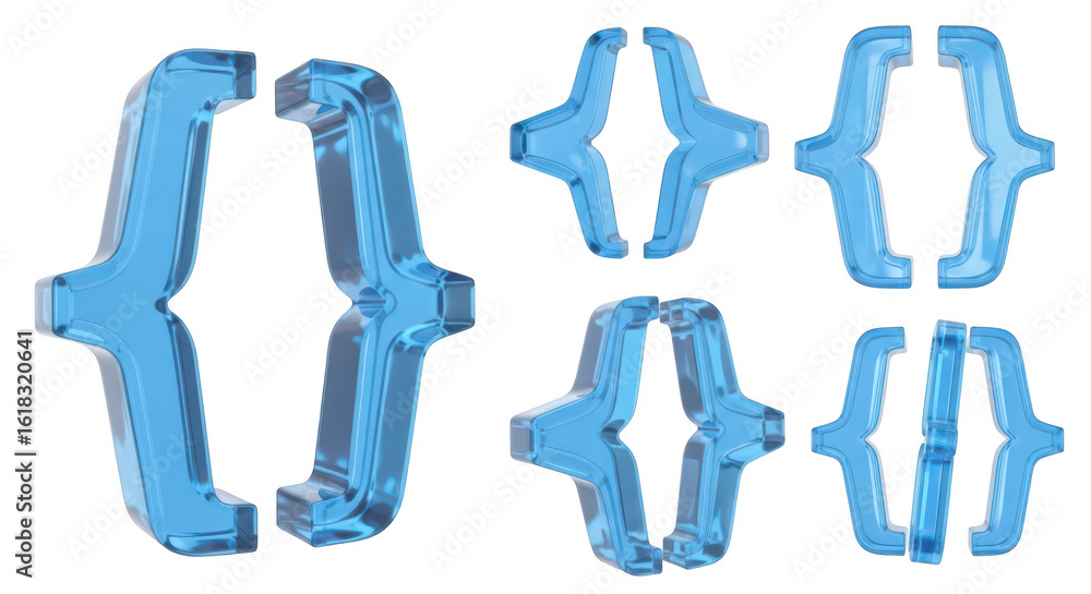 Poster blue 3d brackets floating isolated on white various angles for code or design elements