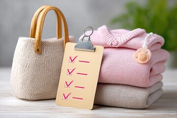 Essential maternity hospital checklist featuring newborn clothing and accessories for mothers preparing for baby arrival