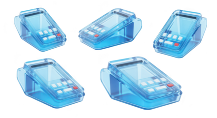 Five transparent credit card readers in various angles isolated on white used for finance and payments