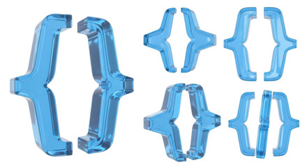 Blue 3D brackets floating isolated on white various angles for code or design elements