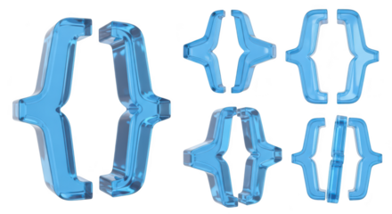 Blue 3D brackets floating isolated on white various angles for code or design elements