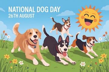Celebrate National Dog Day August 26th with happy dogs running and playing in a field of flowers